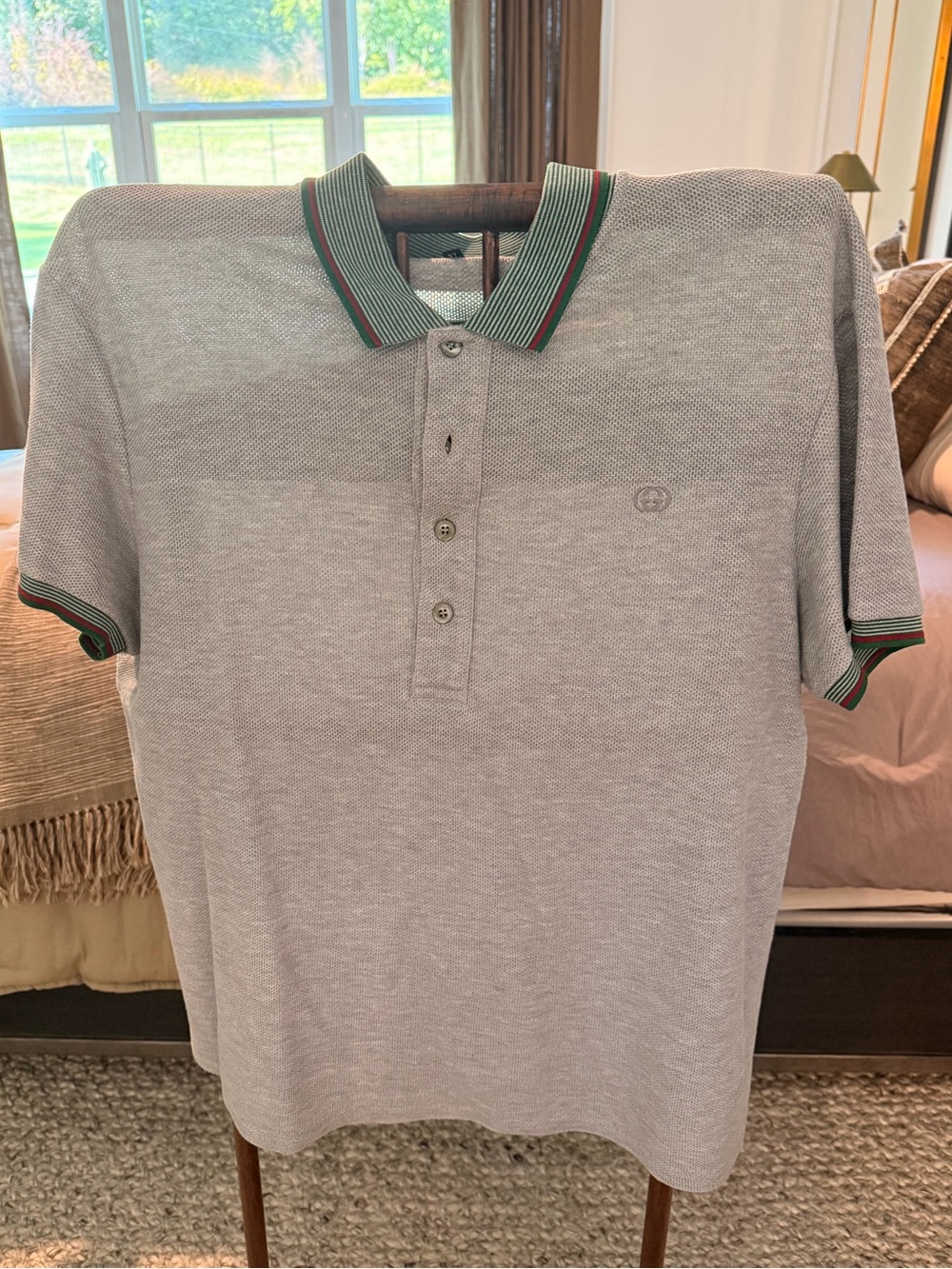 GUCCI Grey Cotton Piquet Web Stripe Polo Shirt Short Sleeve